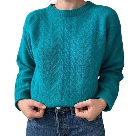 Vintage 1980s Teal Blue Angora Lambswool Chunky Cable Knit Sweater Sz M - Picture 2 of 8